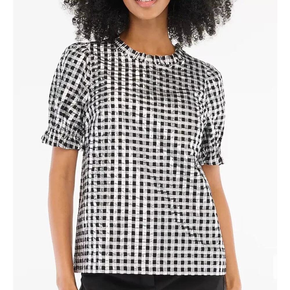 J. Crew Factory Black and White Gingham Puff-Sleeve Blouse - Picture 2 of 3